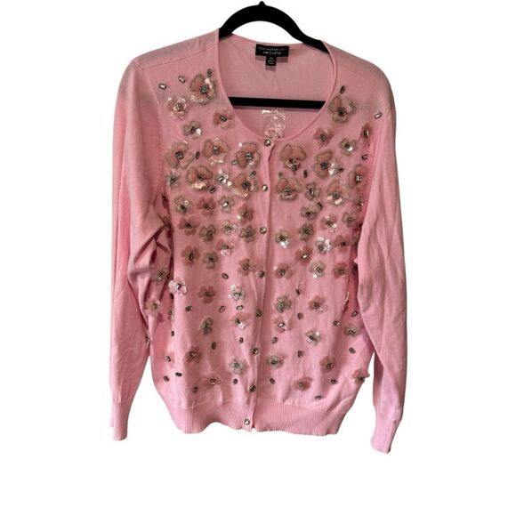 Izaac Mizrahi Pink Floral Beaded Sequin Cardigan Sweater - Picture 2 of 7
